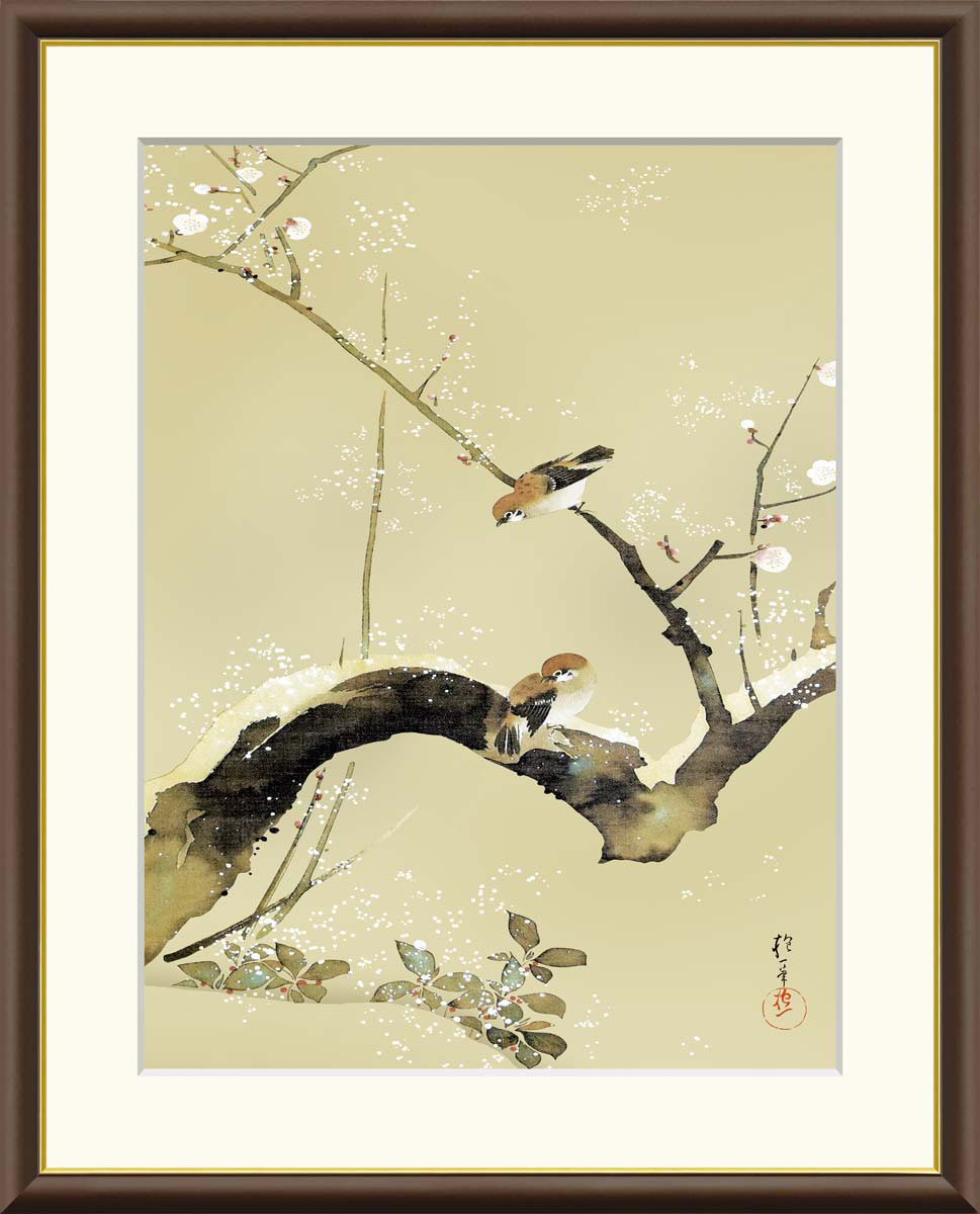 酒井抱一 梅、雀 【F8/F6/F4サイズ】（紐・フック付） 日本の名画 F8・約縦61×横49.5cm F6・約縦52×横42cm F4・約縦42×横34cm【インテリアアート(額絵) 伝統の日本画】g8640 g8641 g8642 J2-089 額入り アート リビング 玄関 プレゼント ギフト