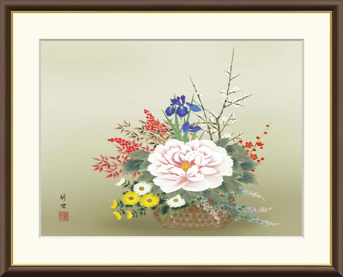 四季花 田村竹世 【F8/F6/F4サイズ】（紐・フック付） 花鳥画 年中飾り F8・約横61&times;縦49.5cm F6・約横52&times;縦42cm F4・約横42&times;縦34cm【インテリアアート(額絵) 伝統の日本画】g8883 g8884 g8885 J4-B005 額入り リビング 玄関 プレゼント ギフト｜結納屋さん