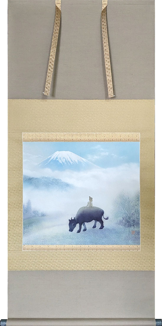 掛軸 掛け軸 富士に牧童 中川幸彦 尺八横 約横72cm×縦144cm【送料無料】b1396 慶祝 慶事 縁起 山水 富士 富士山 お正月 事務所 店舗 移転 開店 開業 新築 落成 お祝い 御祝 贈答 贈り物