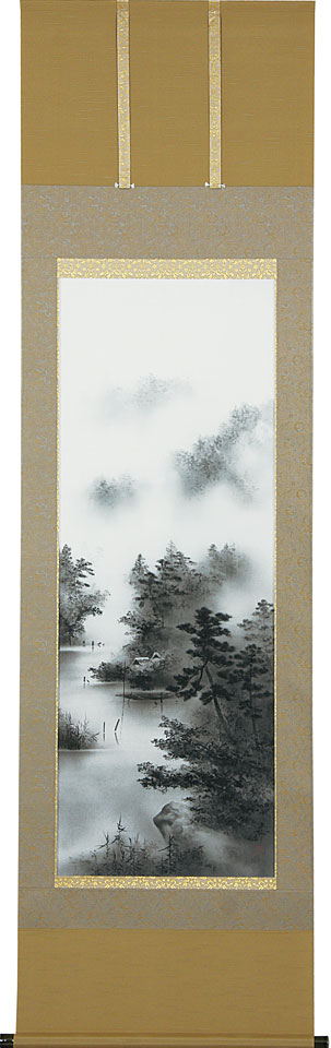 水墨山水　西脇紫光作　尺五　掛軸 山水の掛け軸 西脇紫光作 水墨山水