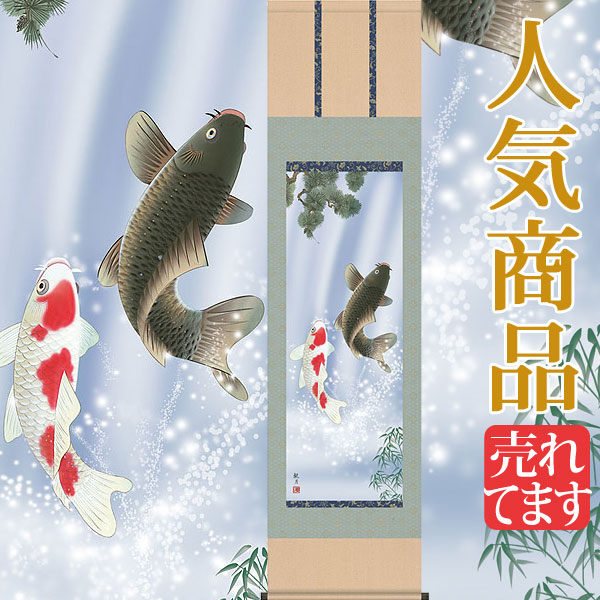端午の節句掛軸 掛け軸 夫婦滝昇鯉 森山観月 【尺三立】約横44.5×縦164cm d5318 端午の節句 初節句 出産 子どもの日 こどもの日 子供の日 鯉 鯉のぼり こいのぼり 昇鯉 登竜門 夫婦鯉 開運 縁起 吉祥 選挙|結納屋さん