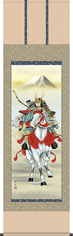 端午の節句掛軸 掛け軸 　白馬武者　長江桂舟 【尺五立】約横54.5×縦１90cm  d5504 端午の節句 初節句 出産 子どもの日 こどもの日 子供の日 武者 兜 鯉 鯉のぼり 昇鯉 登竜門 鍾馗 菖蒲 尚武 勝負