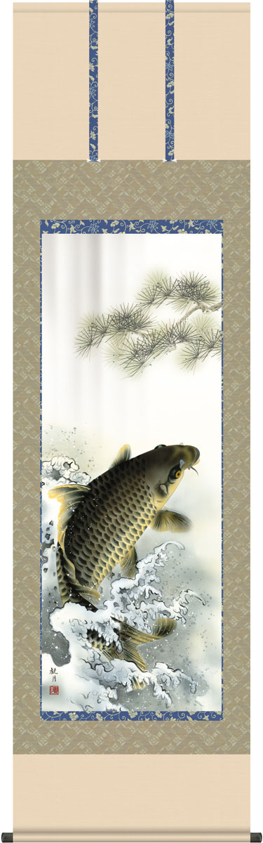 端午の節句掛軸 掛け軸 　大昇鯉　森山観月 【尺五立】約横54.5×縦１90cm g4764 端午の節句 初節句 出産 子どもの日 こどもの日 子供の日 鯉 鯉のぼり こいのぼり 昇鯉 登竜門 夫婦鯉 開運 縁起 吉祥 選挙