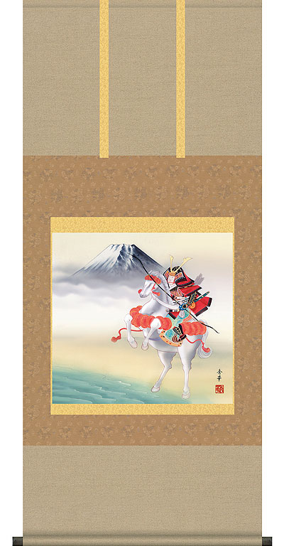 端午の節句掛軸 掛け軸 　白馬武者　野川秀華 【尺五横】送料無料 約横54.5×縦１25cm  h5402 端午の節句 初節句 出産 子どもの日 こどもの日 子供の日 武者 兜 鯉 鯉のぼり 昇鯉 登竜門 鍾馗 菖蒲 尚武 勝負
