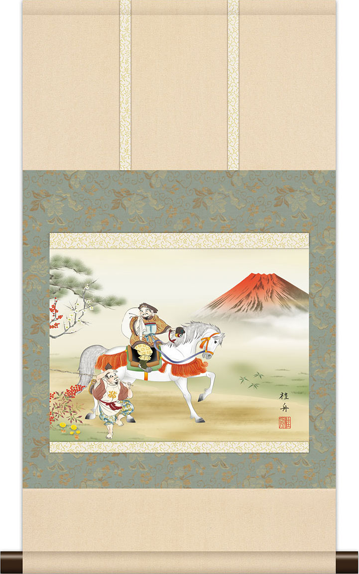 【真作】掛軸　田辺修二　南天福寿　吉祥縁起の一幅　福寿招来　共箱入　T196 真作】掛軸 田辺修二 南天福寿 吉祥縁起の一幅 福寿招来 共箱