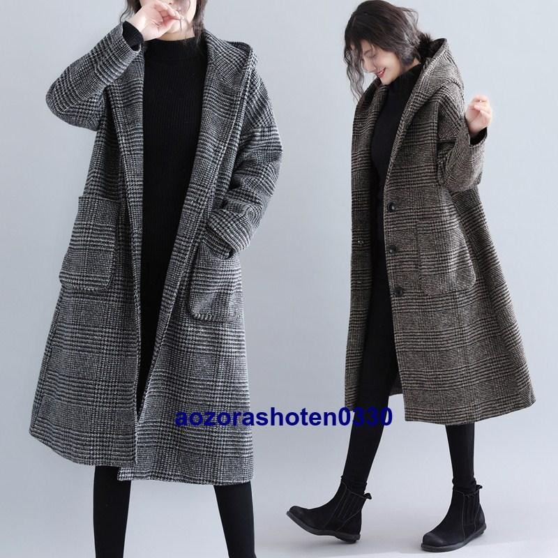 チェスターコート 春レディース40代チドリ柄 ボンネット付き添い人ロング厚地の外套馬鹿でかいサイズチェスターコートアウター 成年者秋冬厚地の外套防寒 ~3XL新大きさ御出まし