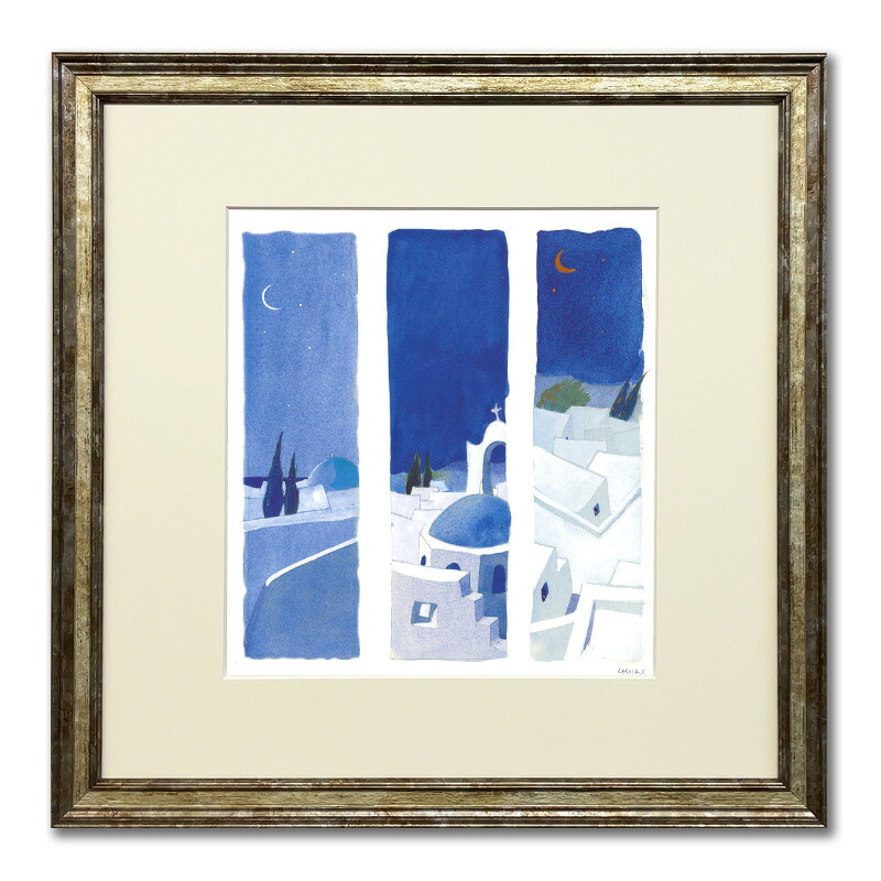 ラローサ「キクラデス諸島の青い夜」マット付き額縁【スクエア】壁掛け 額縁 絵画 アンティーク オフィス インテリア 卒業祝い(FR-TT0007)|ユージニア 店