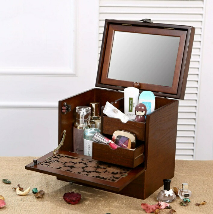 化粧箱 木目 三面鏡 木製 レトロ メイクボックス ドレッサー ③ 送料込み 化粧箱 木目 三面鏡 木製 レトロ メイクボックス ドレッサー ② 送料