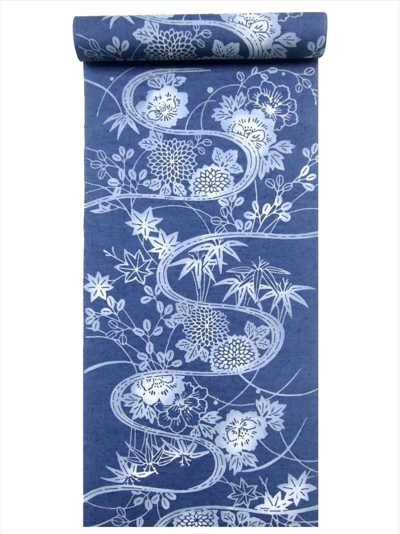 浴衣 反物 クインサイズ 菊・牡丹柄・紺鼠地・No.198｜浴衣・着物の反物（生地）の堀田