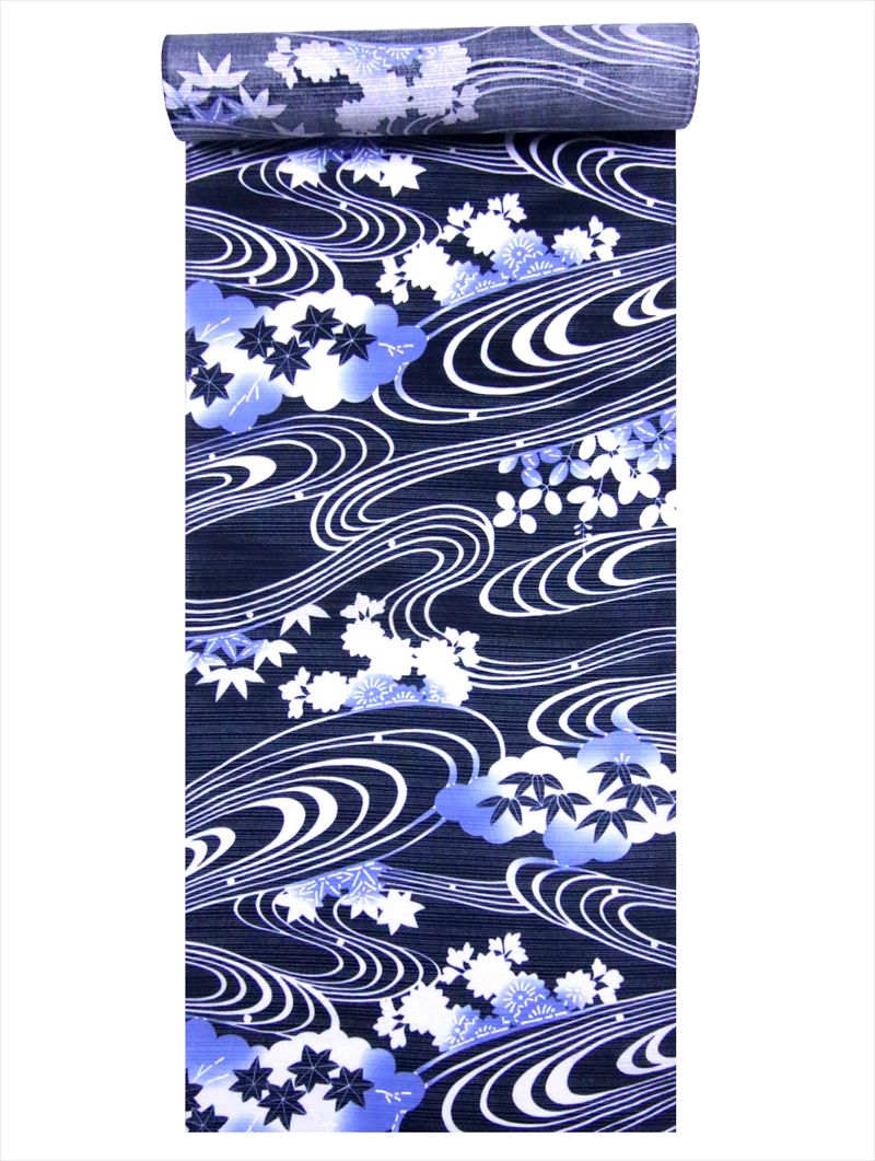 浴衣 反物 レディース 黒地・竜田川柄・No.143
