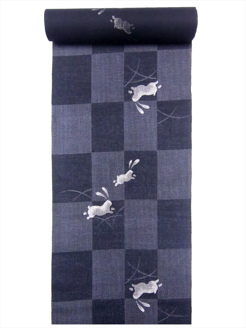 ゆかた 反物 No.37 濃紺地・ウサギ・市松柄 巾39.5cm