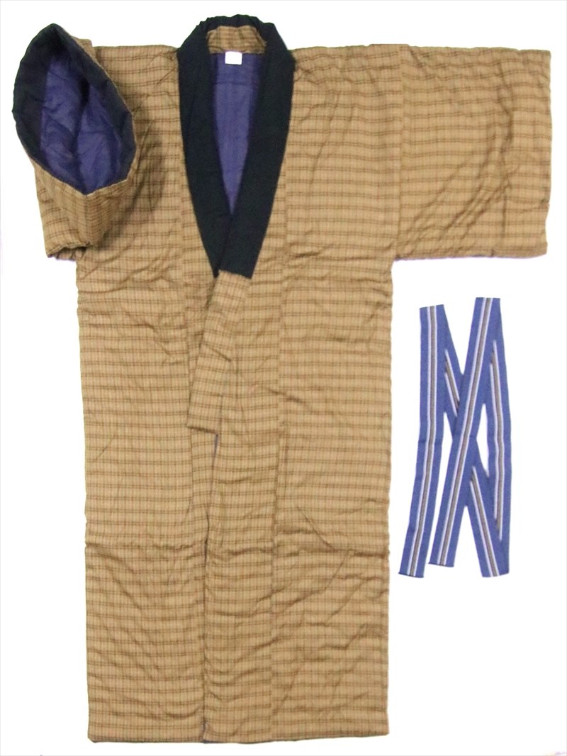 和服 部屋着冬の防寒部屋着 長半天 どてら 長たんぜん 丹前 ドテラ 丹前帯付きtz 28 格子柄 カラシ色 浴衣 着物の反物 生地 の堀田
