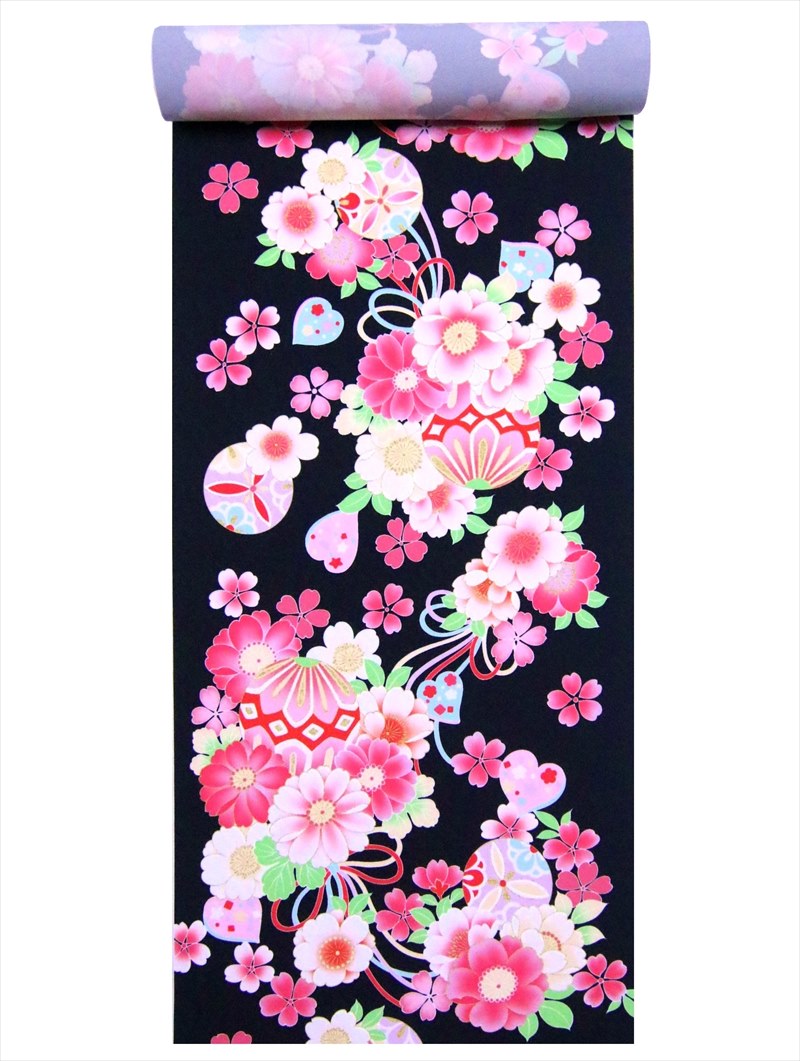 洗える着物 反物・a-33 桜・マリ柄・黒地