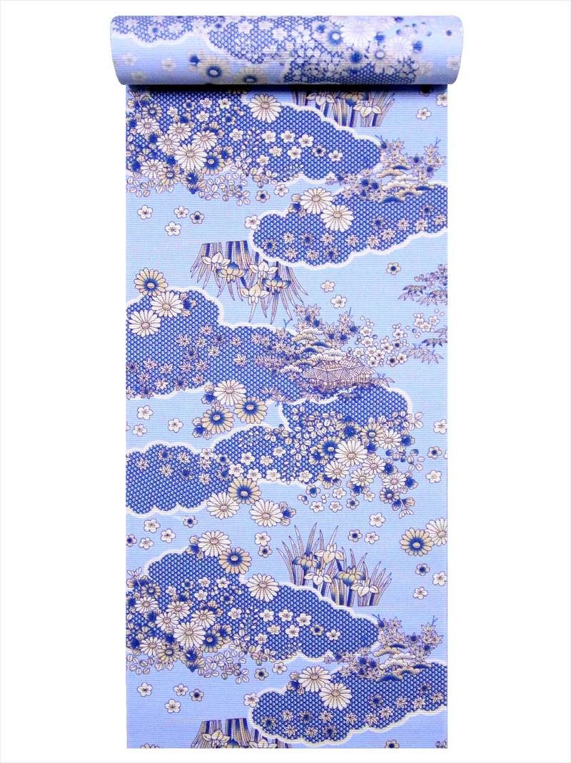 浴衣反物　NO.428 水色地・牡丹・菊柄・注染染め/耳あり 浴衣 反物 レディース 浜松 注染 本染め 耳あり 耳付き