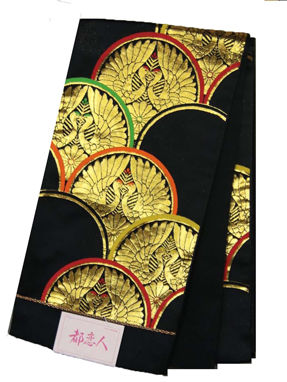 七五三用 袋帯 未仕立てもの品 753-1115黒  向こうっ面鶴 青海波柄