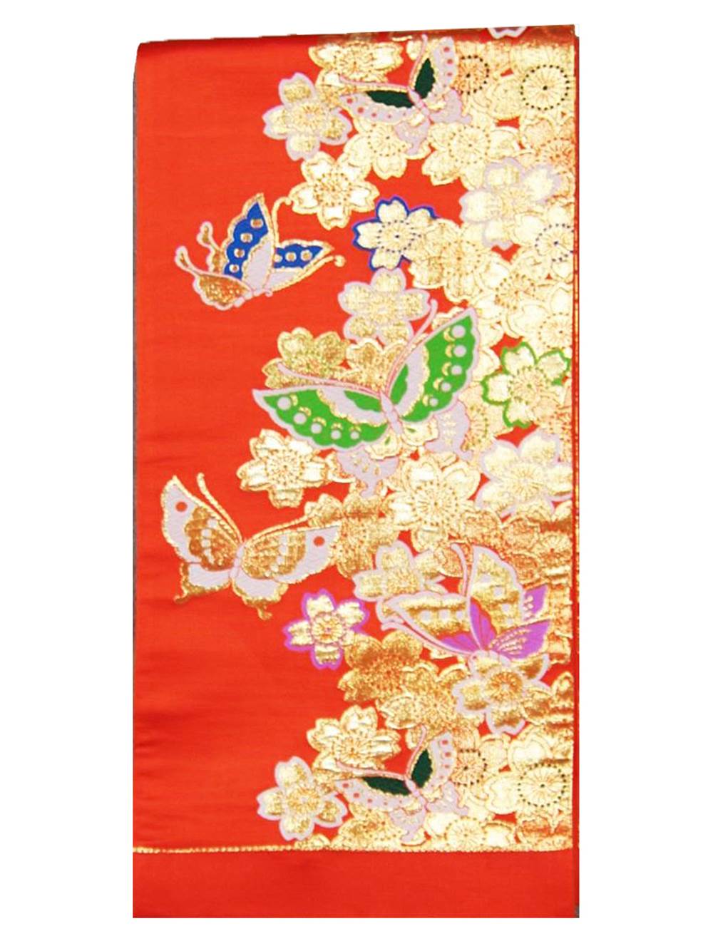 正絹 御坊っちゃん 袋帯 うしろ帯 753-1121 未仕立てもの品 オレンジ色地 蝶 桜柄