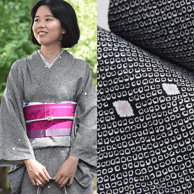 ★【美品✨】東レシルック　洗える着物　単衣　小紋　雪輪に秋草　伽羅色　C3 洗える夏きもの】東レシルック 絽小紋 kifkif 「夕立」 蝋色