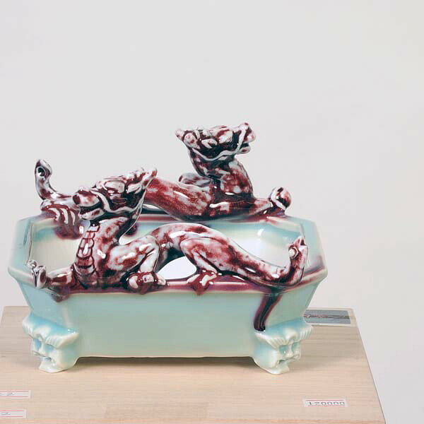 現代小鉢:屯洋 青磁辰砂龍刻長方鉢 16.7cm【現品】*tonyou|遊恵盆栽 店