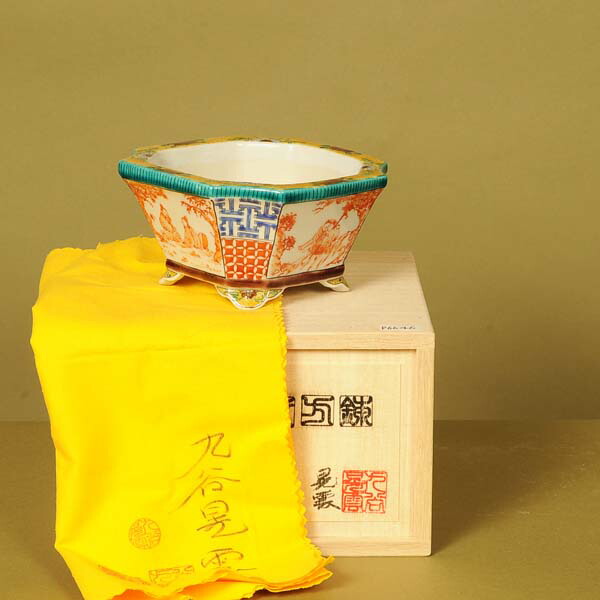 鉢：九谷晃雲 智者図隅入まっ四角鉢 12.0ｃｍ 【現】*原材料