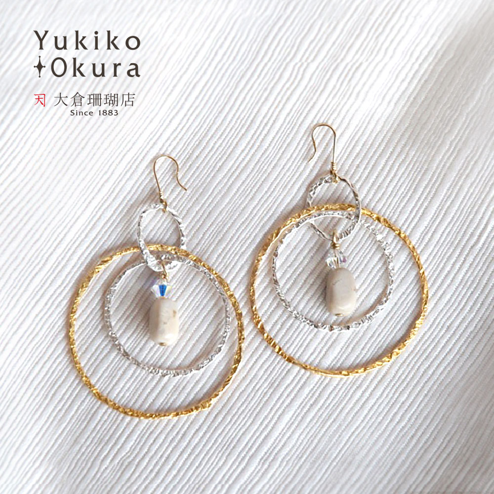 【全品ポイント5倍】ミルキーオパール イヤリング ピアス クリスタルガラス SV925 シルバー ゴールドカラー コンビカラー デザインチェーン サークル 天然石 ユキコ オオクラ ブランド レディース ジュエリー 送料無料