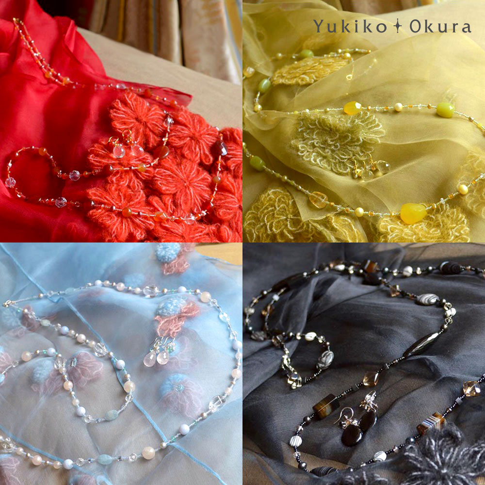 【全品ポイント5倍】天然石 ロングネックレス イヤリング ピアス ストール 3点セット レッド ブルー イエロー ブラック 天然石 ユキコ オオクラ ブランド レディース ジュエリー 送料無料