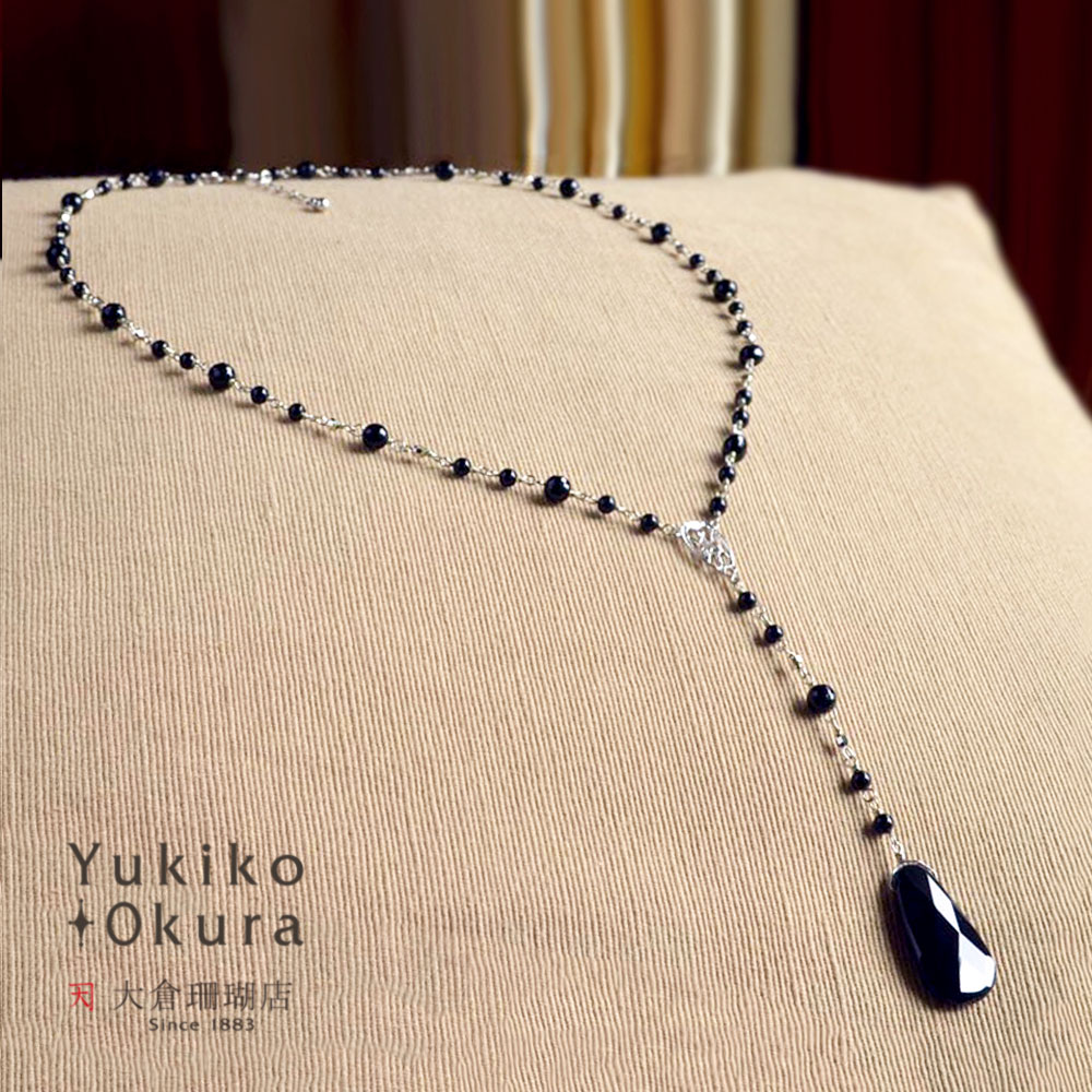 オニキス ロングネックレス ペンダント フラット カット トップ Y字 ステーション ブラック ミラーボール 天然石 ユキコ オオクラ ブランド レディース ジュエリー 送料無料