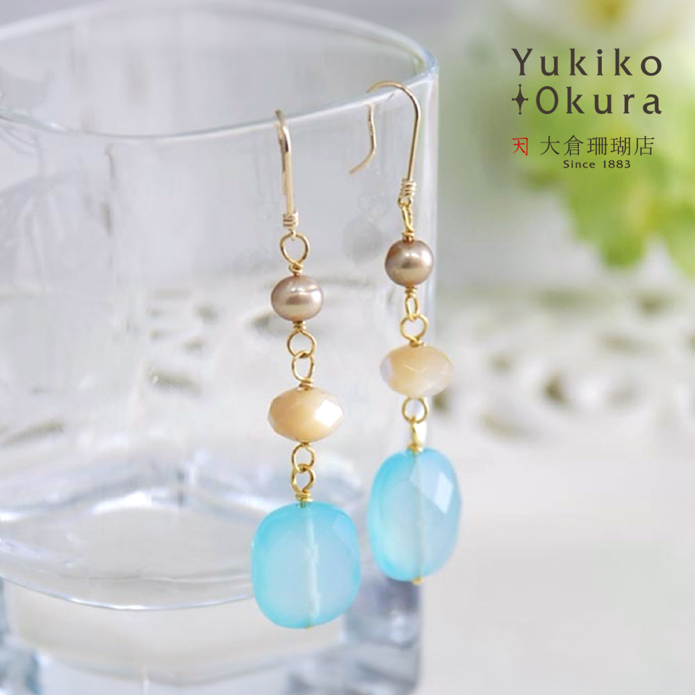 ブルーカルセドニー シェル 淡水パール イヤリング ピアス ブルー ベージュ 天然石 ユキコ オオクラ ブランド レディース ジュエリー 送料無料