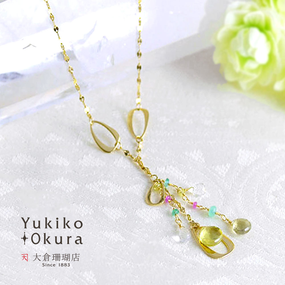 エメラルド ピンクサファイア ホワイトトパーズ ネックレス K18 18金 ゴールド Y字 カラフル フリンジ 天然石 ユキコ オオクラ ブランド レディース ジュエリー 送料無料 5月 9月 11月 誕生石