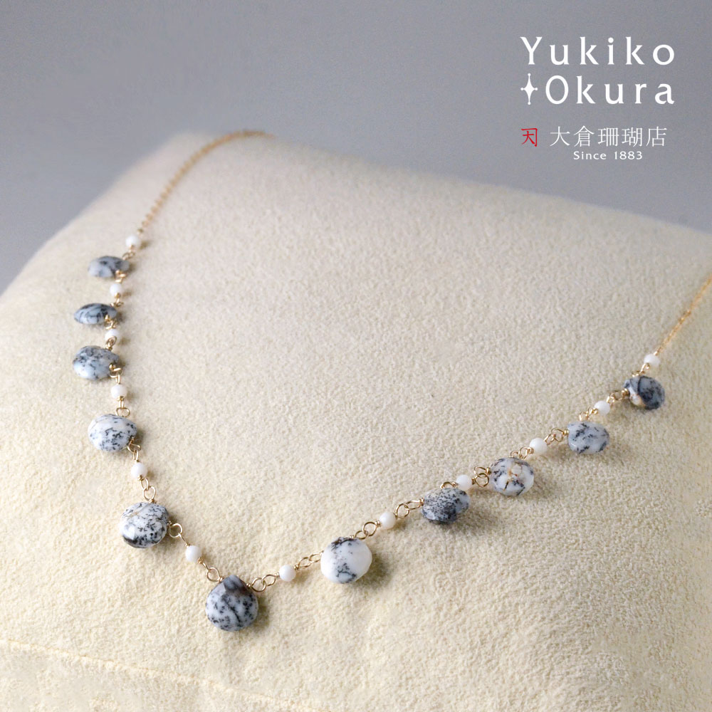 デンドリティックアゲイト ネックレス K10 10金 ゴールド ホワイト ブラック モノトーン フリンジ 天然石 ユキコ オオクラ ブランド レディース ジュエリー 送料無料 29,900円