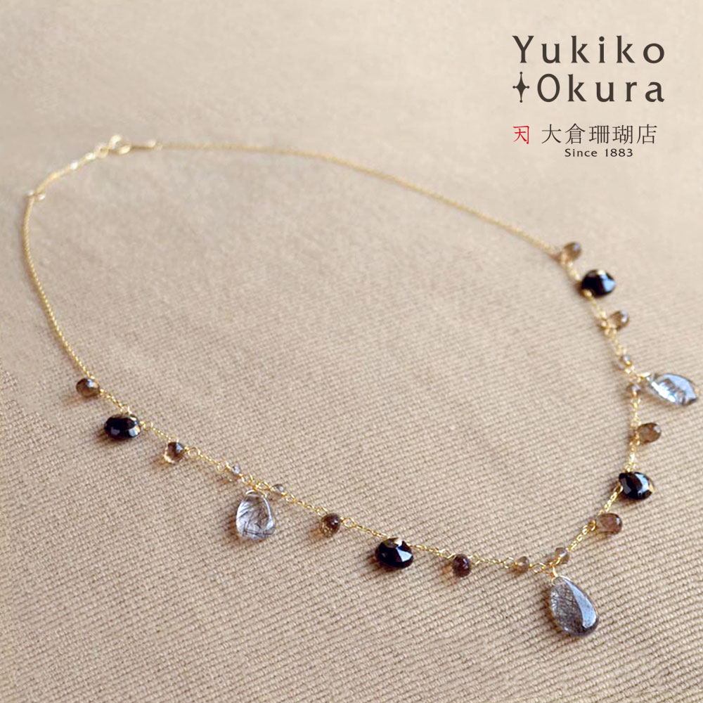 ブラックルチルクォーツ スモーキークォーツ ブラックスピネル ネックレス トルマライズドクォーツ 18金 K18 ゴールド ブラック フリンジ ショート 天然石 ユキコ オオクラ ブランド レディース ジュエリー 送料無料