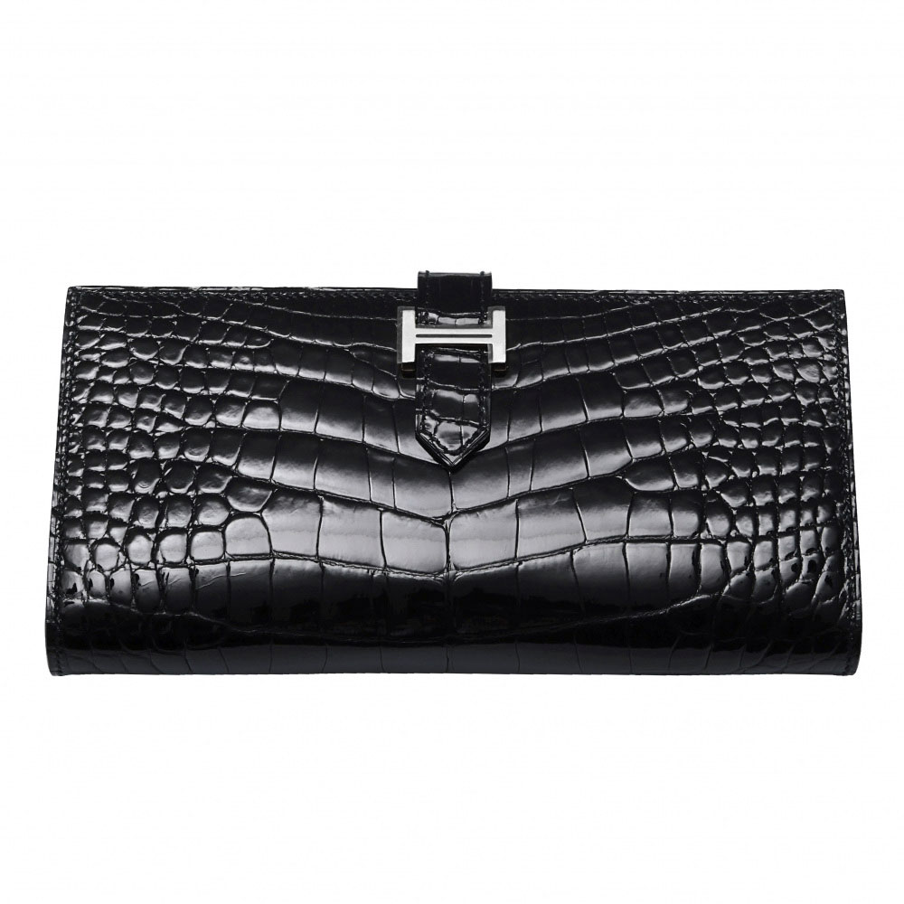 エルメス HERMES ベアンスフレ アリゲーター ブラック シルバー金具 K刻印 未使用 財布 レディース