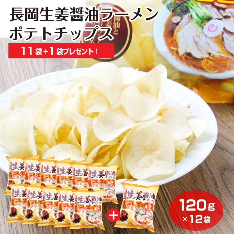 長岡生姜醤油ラーメンポテトチップス 120g×12袋 まとめ買い お得 ポテトチップス 長岡 生姜醤油ラーメン ポテチ ご当地 スナック菓子 夢えちご 新潟県 お土産 新潟土産 送料無料