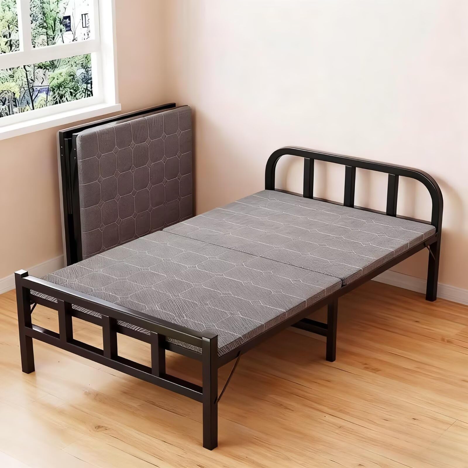 シングルベッド 簡易ベッド 幅70CM アウトドア用折りたたみベッド 人間工学設計 頑丈 安定 マットレス付き 静音 通気 コンパクト収納 省スペース 完成品 組み立て不要 一人暮らし 客間 寝室 家庭用 (黒い, 190x70x38.8cm)