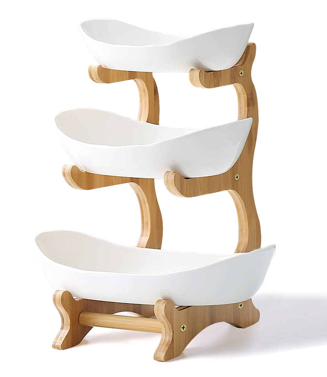 セラミックフルーツボウル 3段 竹製スタンド付き キッチンカウンター用 磁器製フルーツバスケット 野菜収納 スナック デザート ケーキ トレイ プレートラック パーティー ウェディング用 ホワイト｜ゆめのマルシェ企画