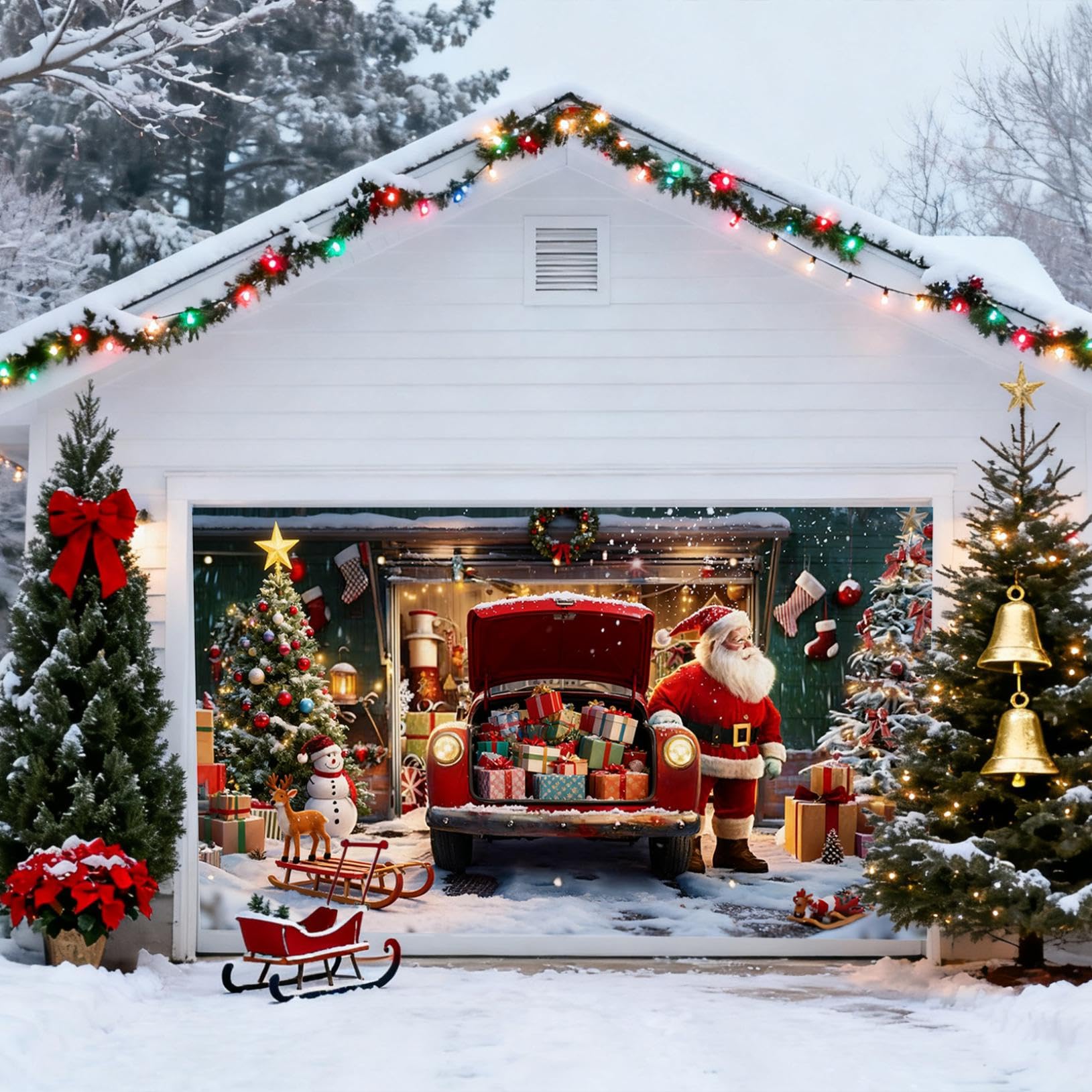 クリスマス ガレージドアカバー 飾りつけ かざり付ける クリスマス飾りつけ 特大 アラス 旗幟 車 聖ニコラス 雪達磨 アウトドア 室外 部屋の入り口 エントランス状態 寄りあい 佇まい営造 210cm×480糎