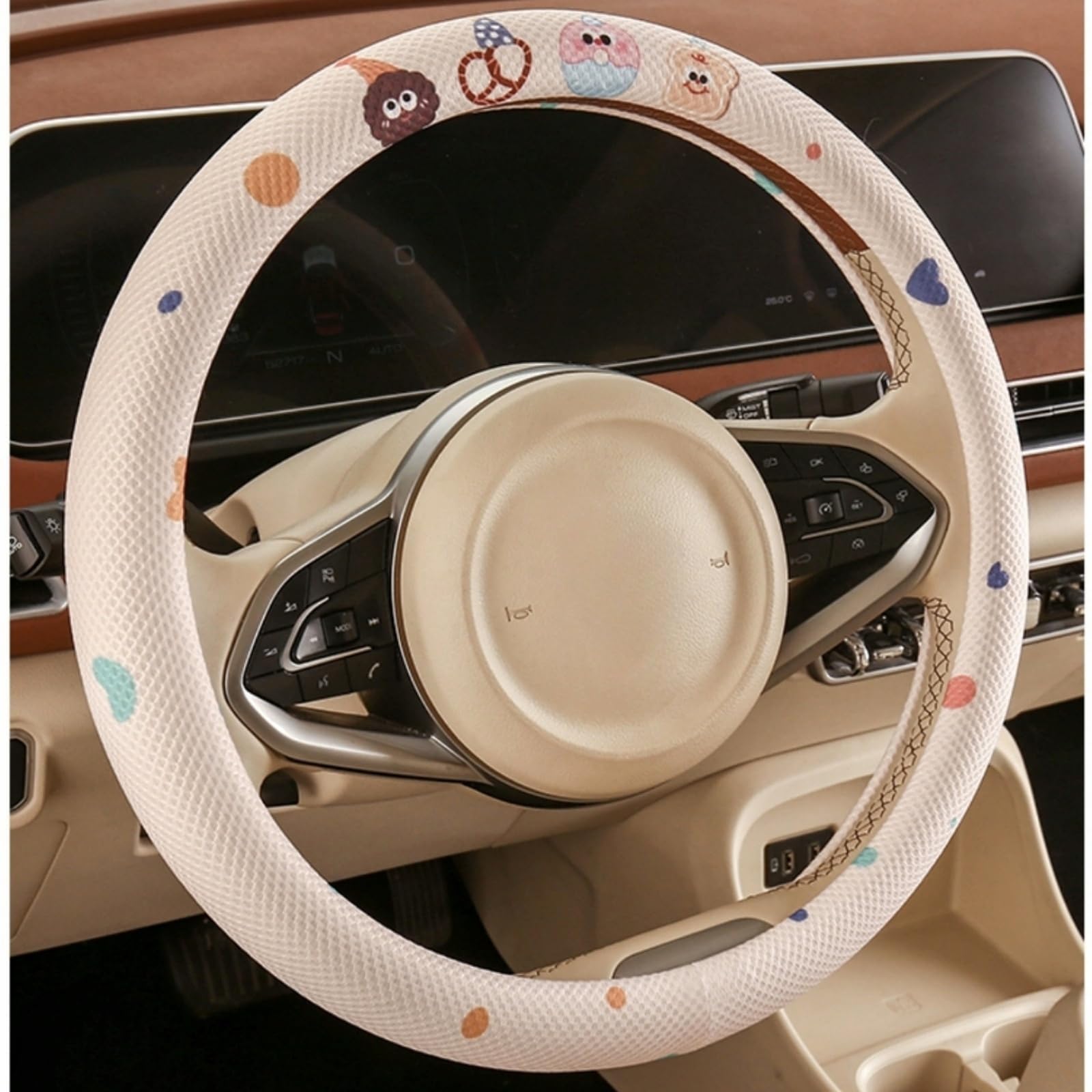 手持ち部分覆いかぶせる 車用 可愛らしい ポンチ絵風 文字記号 手持ち部分覆いかぶせる ステアリング覆いかぶせる 決まり切った車 軽自動車用 上滑り打ちきり 通気性 吸汗 オール時節 飾り気の無いとり備える 象牙色
