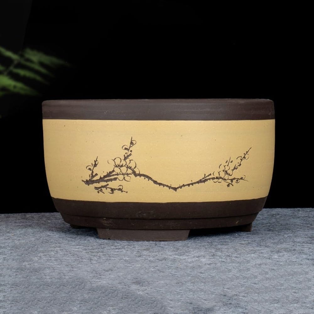 盆栽鉢 丸型 陶器 盆栽ポット 梅の絵入り 植木鉢 多肉植物 観葉植物 おしゃれ 和風 盆栽鉢 室内 園芸用品 鉢植え 鉢皿不要 排水穴付き｜ゆめのマルシェ企画