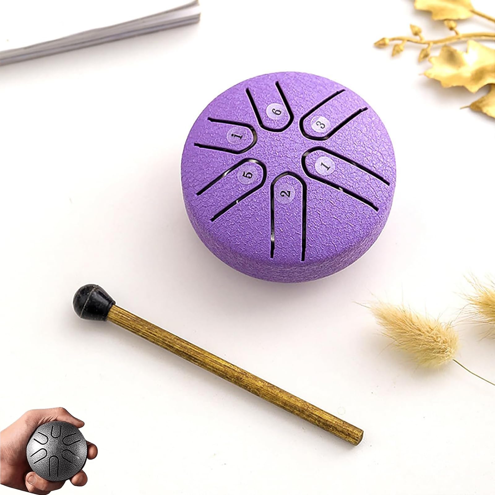ミニスチールタンドラム 6音 物音ヒーリングインストゥルメント 打ち物 パープル 小型 マレット付き添い人 ハンドパンドラム 思い入れる 伸び伸びする