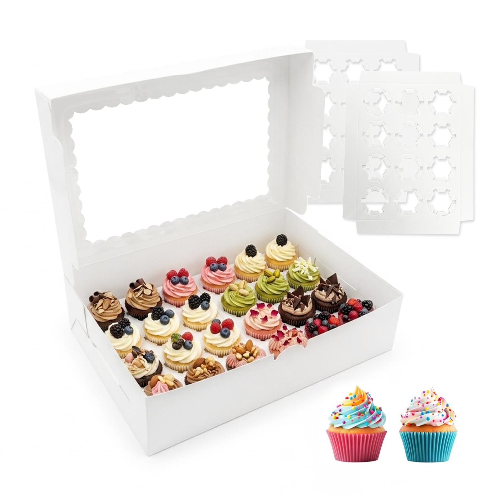 ホワイトミニカップケーキボックス容器 6個パック ミニカップケーキ24個収納 13 8.8 3.5インチ デザートマフィンボックス 窓とインサート付き 誕生日/ホリデーパーティー/ベーカリー用品用｜ゆめのマルシェ企画