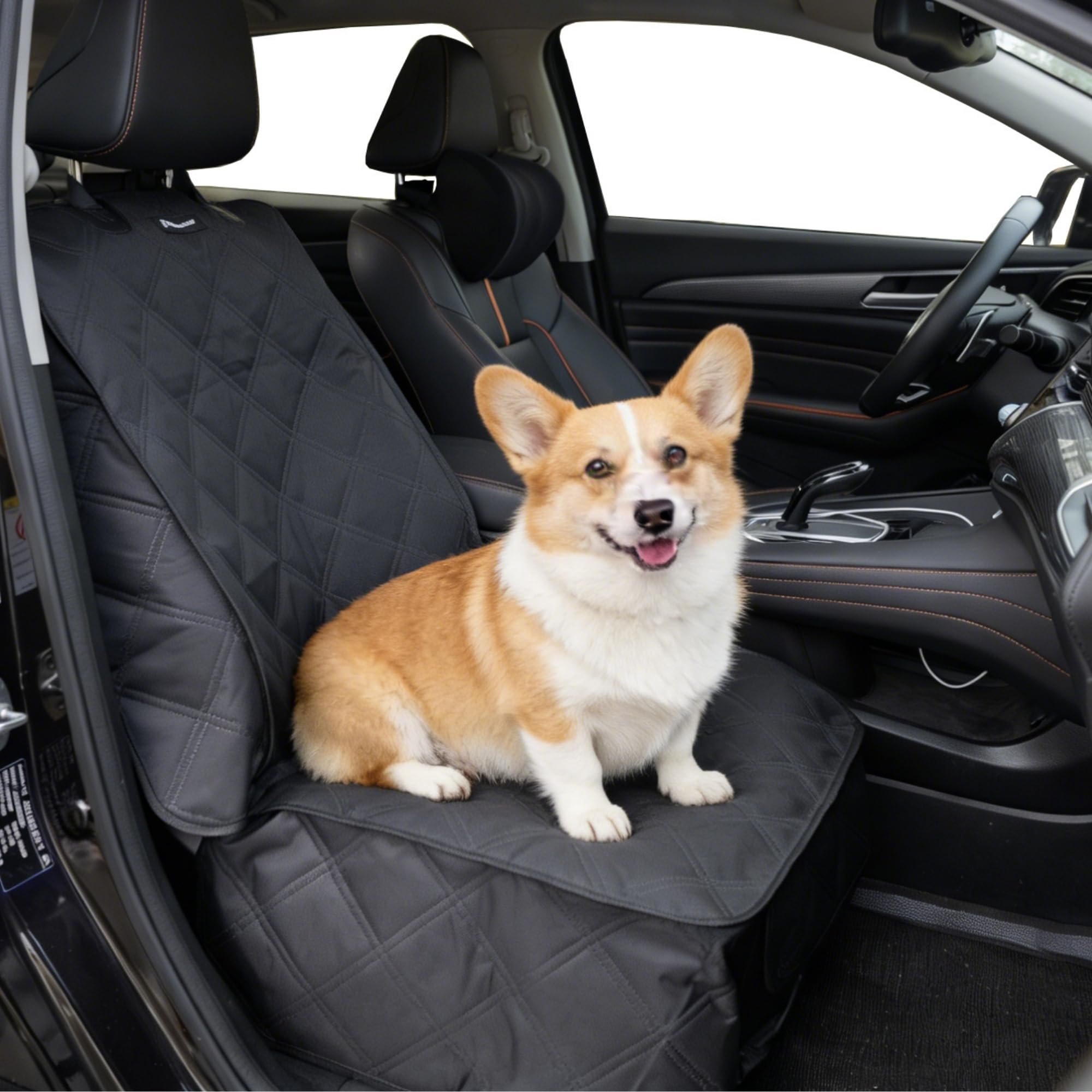 犬用フロントシートカバー 車用 防水 600 オックスフォード布 ペットシートプロテクター サイドフラップ付き 丈夫な犬用カーシートカバー フロントパッセンジャー バケットシート/キャプテンチェア用 完全保護 (ブラック)｜ゆめのマルシェ企画