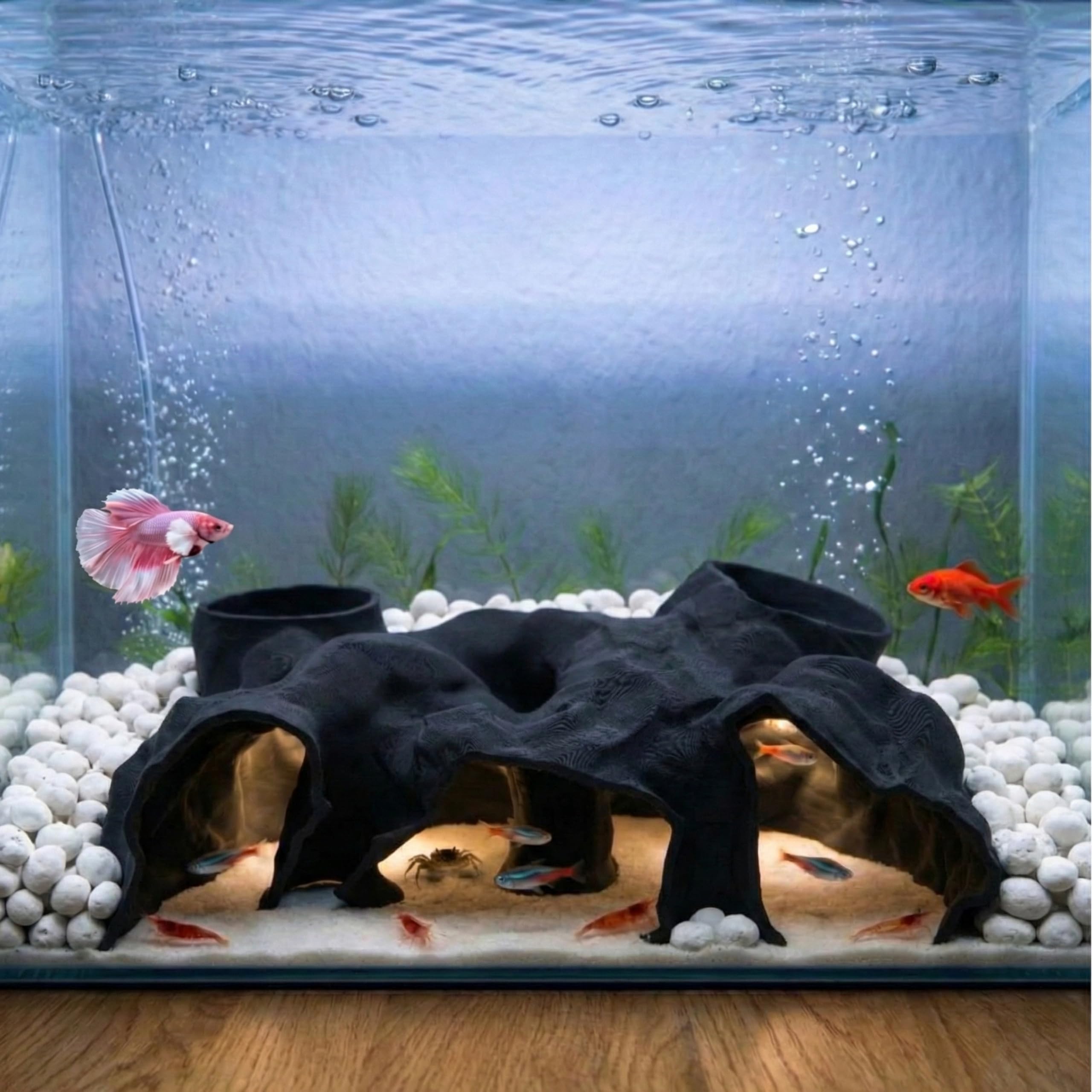 大型水族館トンネル&;洞窟(9.5インチ)、3プリント基板ビューアフィッシュハイドアウト、ワイドトップエントランス付き、タンク装飾、小魚、コリドラ、ベタ、エビ用 - ミニアクセサリー3個付き(ブラック)｜ゆめのマルシェ企画