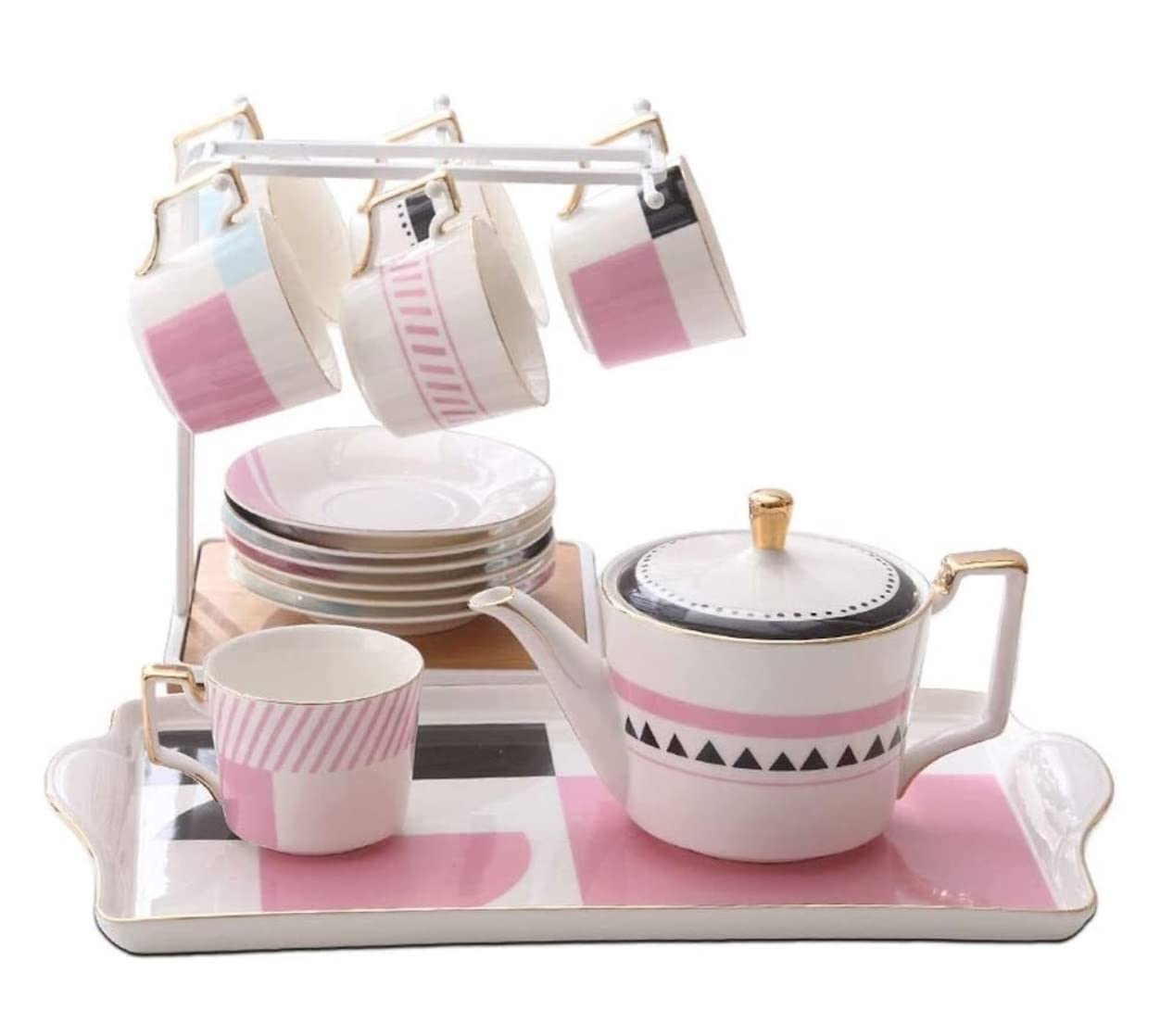 茶器セット カップホルダートレイ付き英国セラミックコーヒーセット ティーセット 高級ポット カップと皿 高度なティーポット ホームアフタヌーンティーセット 湯呑み 急須|ゆめのマルシェ企画