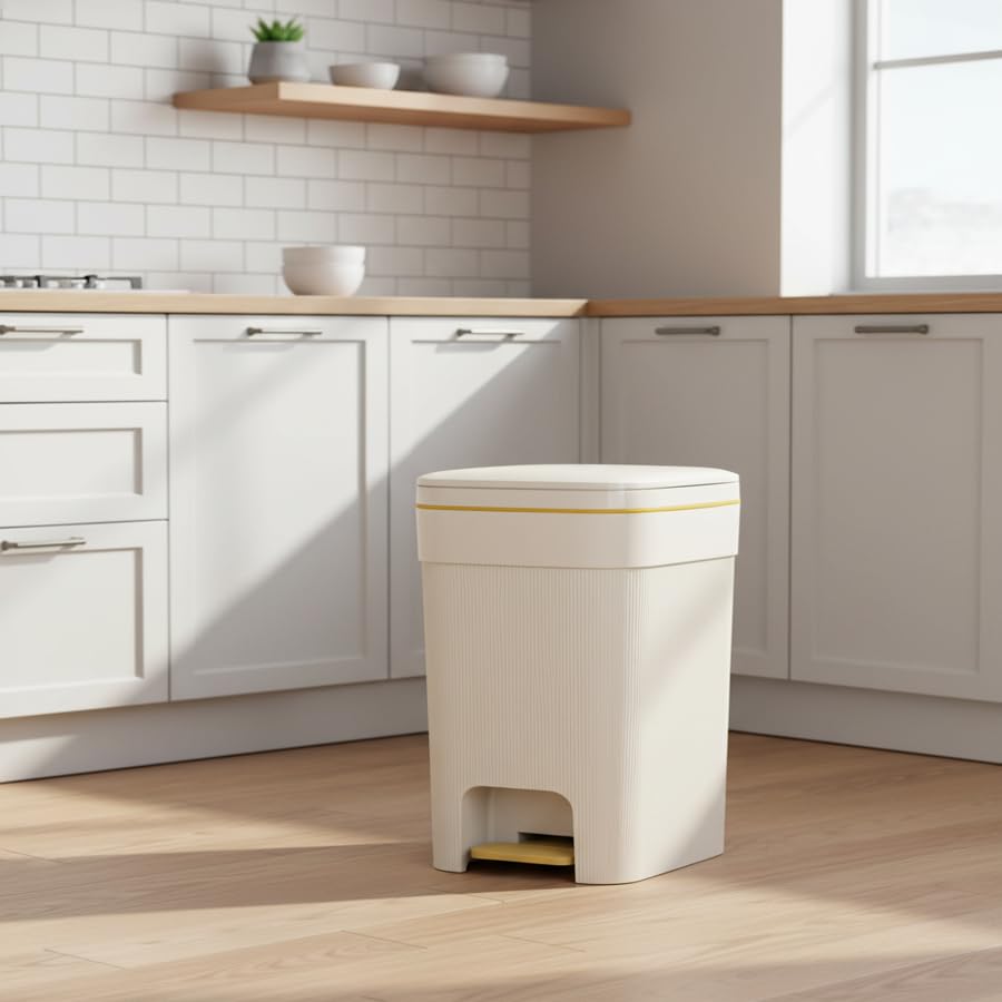 ムムエルフ 足踏み式ゴミ箱 密閉型 プラスチック製 リブ加工外装 バスルームキッチン用 臭い漏れ防止 使いやすい 家庭用 大容量対応 (20,クリーム色)｜ゆめのマルシェ企画