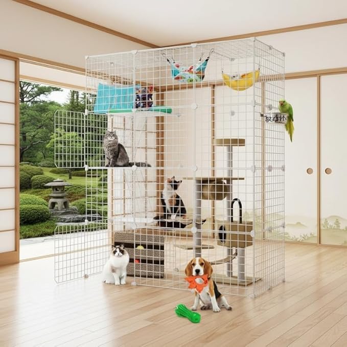 飼育ケージ 猫用エンクロージャ 猫ケージ 大型コンビネーション 脱走防止 組立簡単折りたたみ ドア付き 多頭飼い梯子付き 移動便利 取り外し可能 出入り便利 (,111*73*147)｜ゆめのマルシェ企画