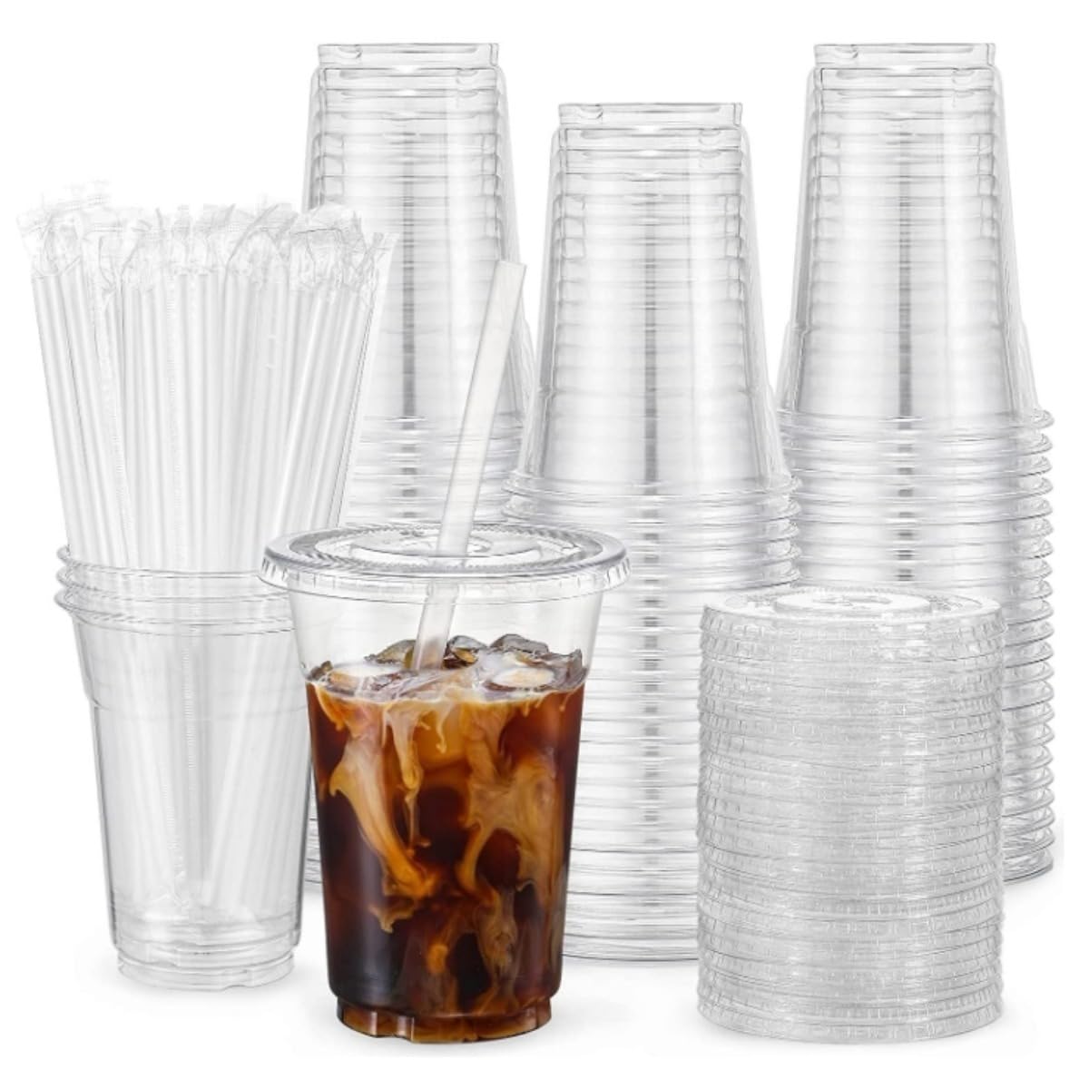 透明プラスチックカップ100セット使い捨てプラスチックカップコーヒー蓋付きコールドドリンクパーティデリバリー蓋付き使い捨てドリンク/コーヒー/アイスティー/スムージー/タピオカドリンク (16 （500）)｜ゆめのマルシェ企画