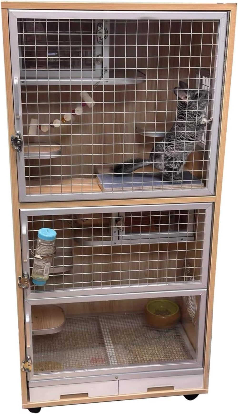 ウサギ ケージ 大型 チンチラ ケージ 小動物 ケージ チンチラ ハウス ペットケージ 猫 小動物飼育ケージ 木製 3 ドア 2 巣 車輪と引き出しトレイ付き｜ゆめのマルシェ企画
