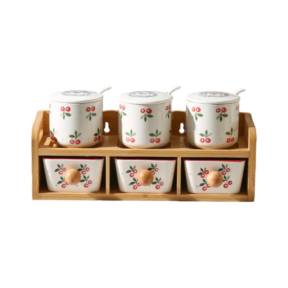 調味料入れ 二段 セラミック 陶器 調味料ポット スプーン付き 竹製スタンド 壁掛け対応 匂い移り防止 キッチン収納 省スペース () |ゆめのマルシェ企画
