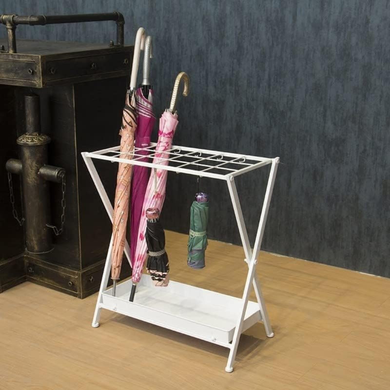 傘 立て おしゃれ スリム 玄関用の折りたたみ式ラック 荷物置き リュックハンガー 玄関収納 棚 ラダーラック 収納 かさたて ファミリーホテル 業務用 防水 (ホワイト)｜ゆめのマルシェ企画