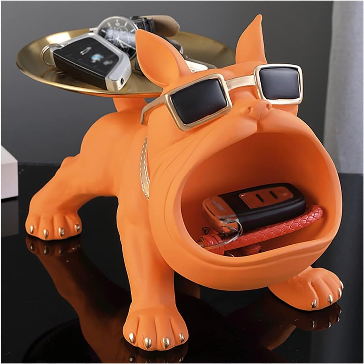 キーホルダーラック玄収納ボックス-小型アイテム整理キー&;小物用トレーデスクオーガナイザーテーブル置き型鍵&;キャンディボウルオフィス/リビング用-バグ(フレンチブルドッグ)彫像付きヴィンテージ風レジン製家庭用ギフトに最適 (オレンジ,29.8*19) |ゆめのマルシェ企画