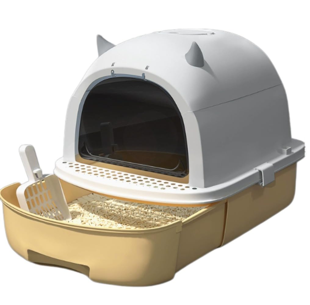 猫用トイレ本体 引き出し式 ふた付き ゆったり フルカバー 猫トイレ おしゃれ 猫砂が飛び散り防止 臭い防止 掃除 簡単 清潔トイレ 砂の飛び散り防止 ニオイの広がり防止 猫用品 猫用トイレ (イエロー,52*40*40)|ゆめのマルシェ企画